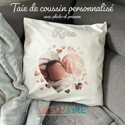 Housse de coussin personnalisée touché velour "photo forme coeur et prénom"