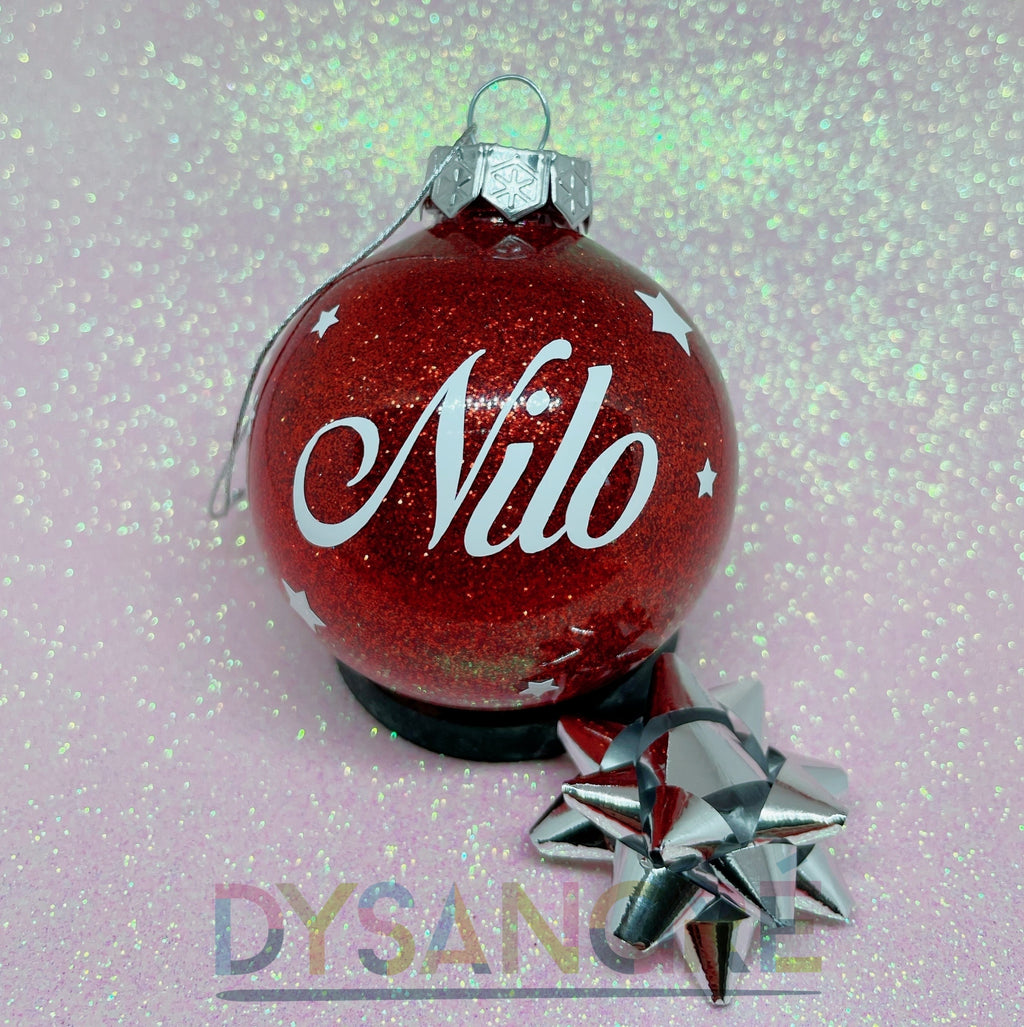 Boule de Noël rouge pailletée avec personnalisation 6cm