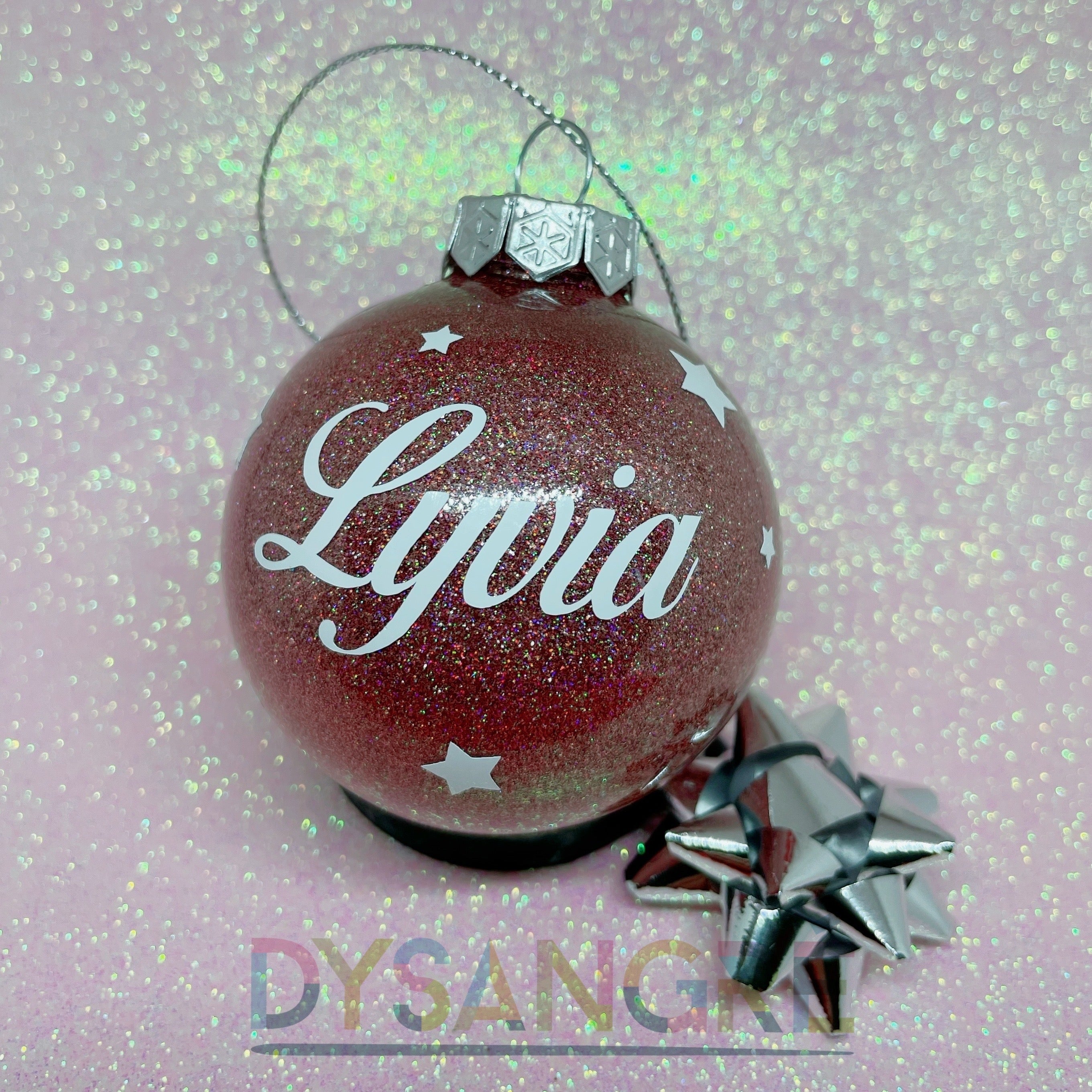 Boule de Noël rose pailletée avec personnalisation 6cm