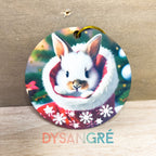 Boule de Noël en bois Lapin dans sa chaussette 75mm