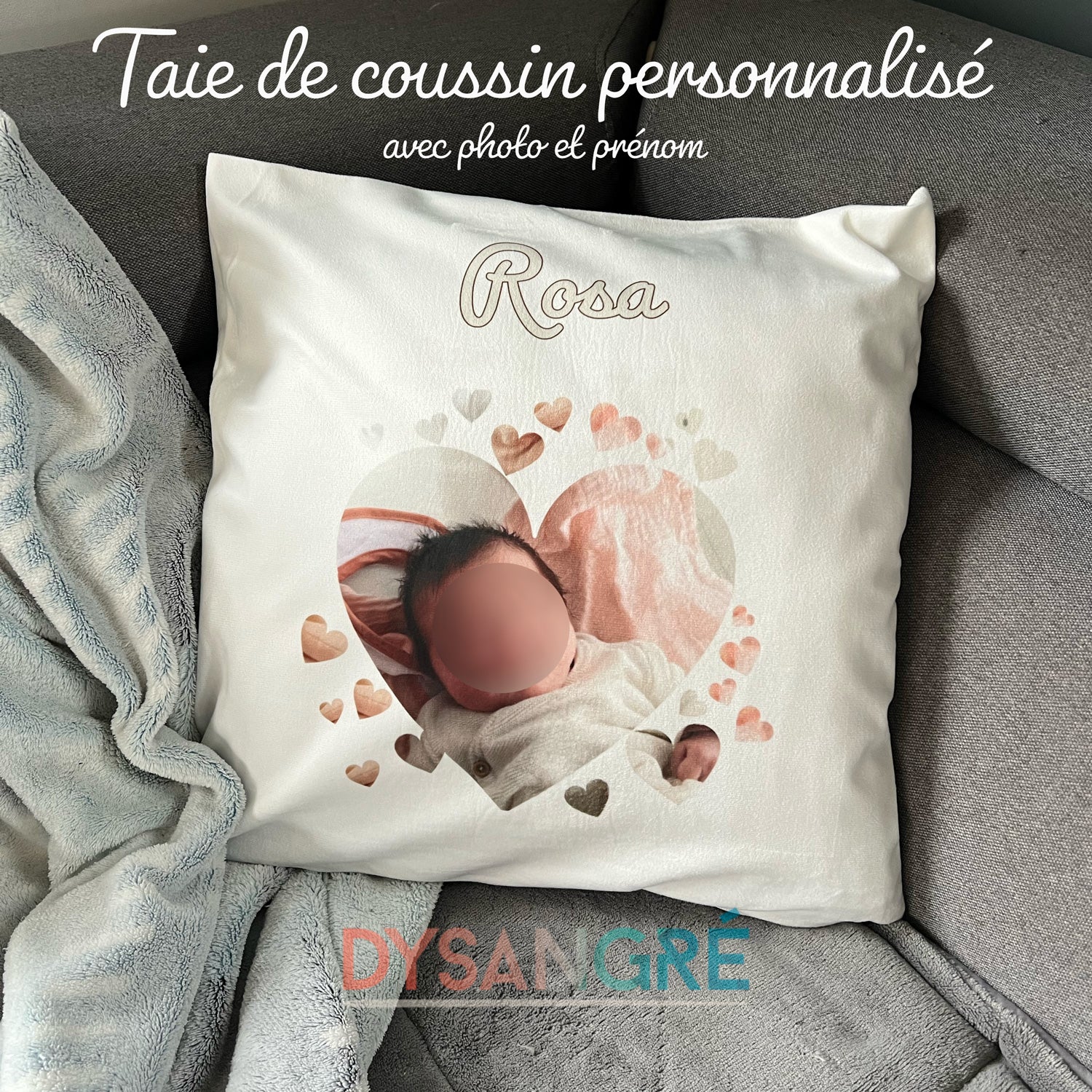 Housse de coussin personnalisée coeur avec votre photo et prénom
