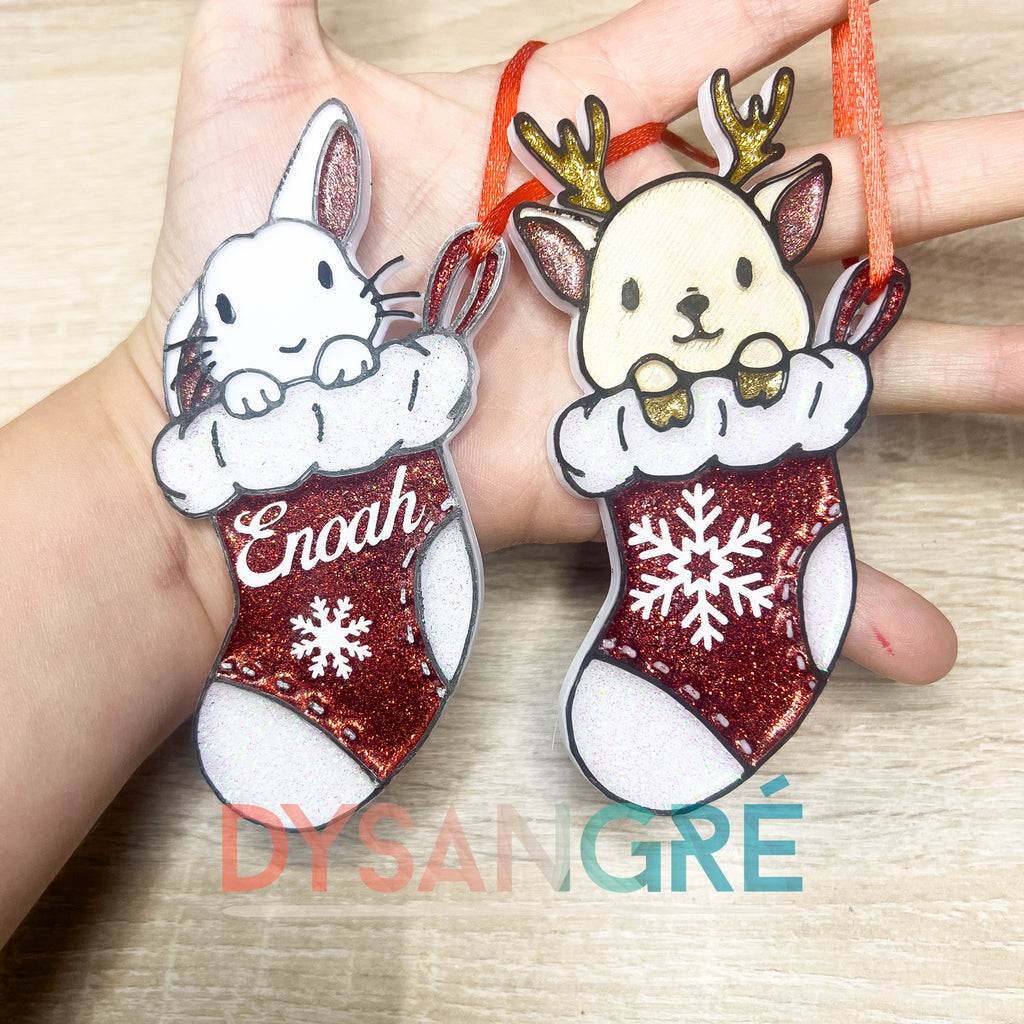 Ornement de Noël en plastique Renne de Noël dans sa chaussette 11/9 cm