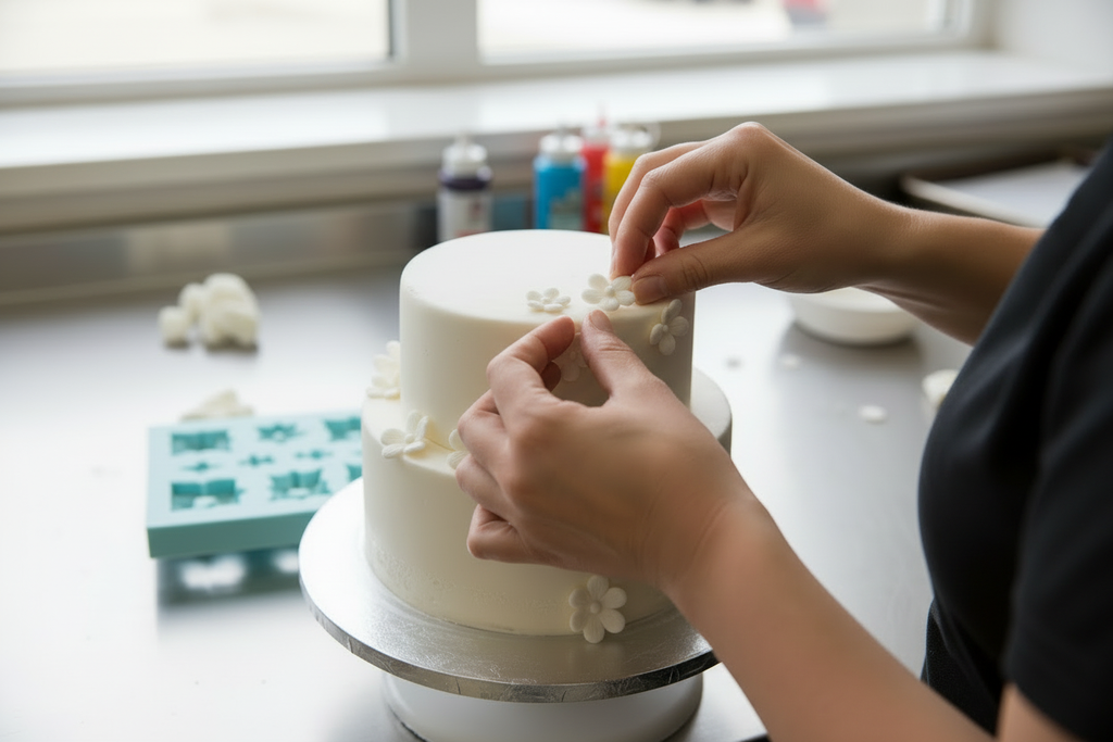 Peut tu faire en sorte de mettre le moule en silicone dans une main pendant que l'autre décore le gateau