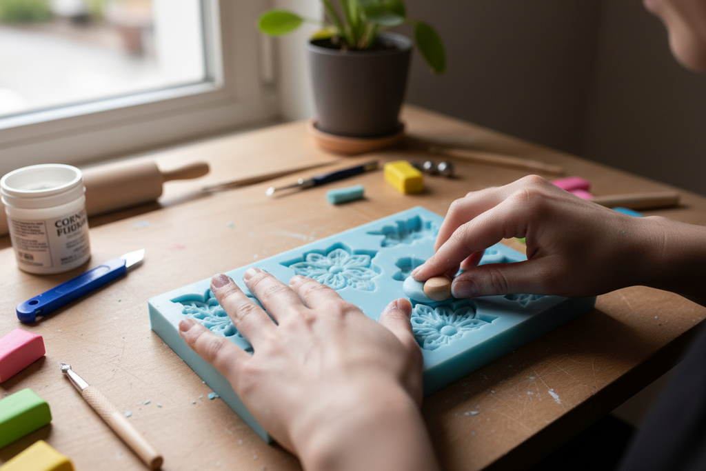 peut tu me faire une image d'une créatrice qui fait un moulage polymère dans un moule en silicone bleu clair. J'aimerais que l'image soit centré sur son travail 