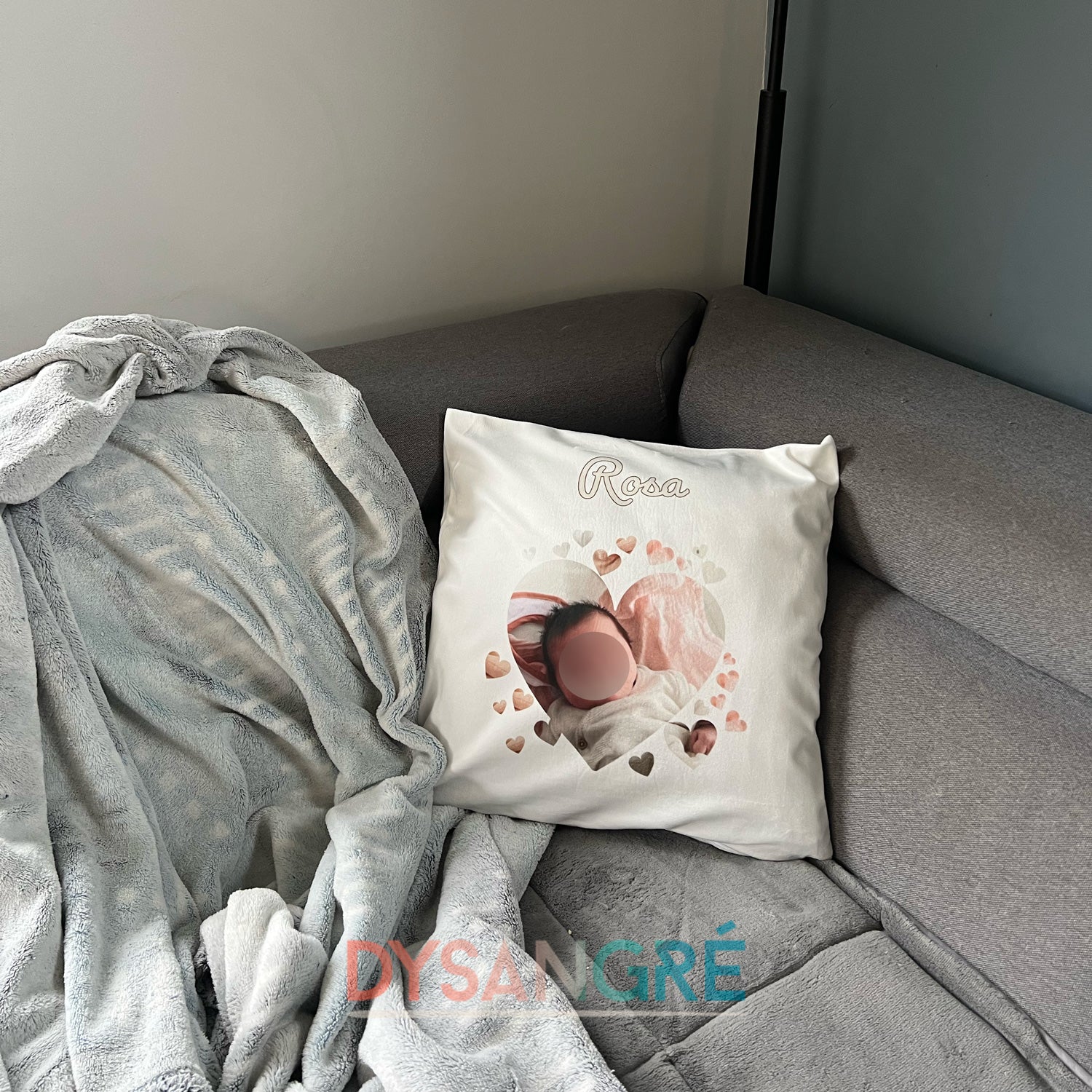 Housse de coussin personnalisée coeur avec votre photo et prénom