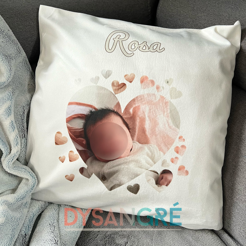 Housse de coussin personnalisée coeur avec votre photo et prénom