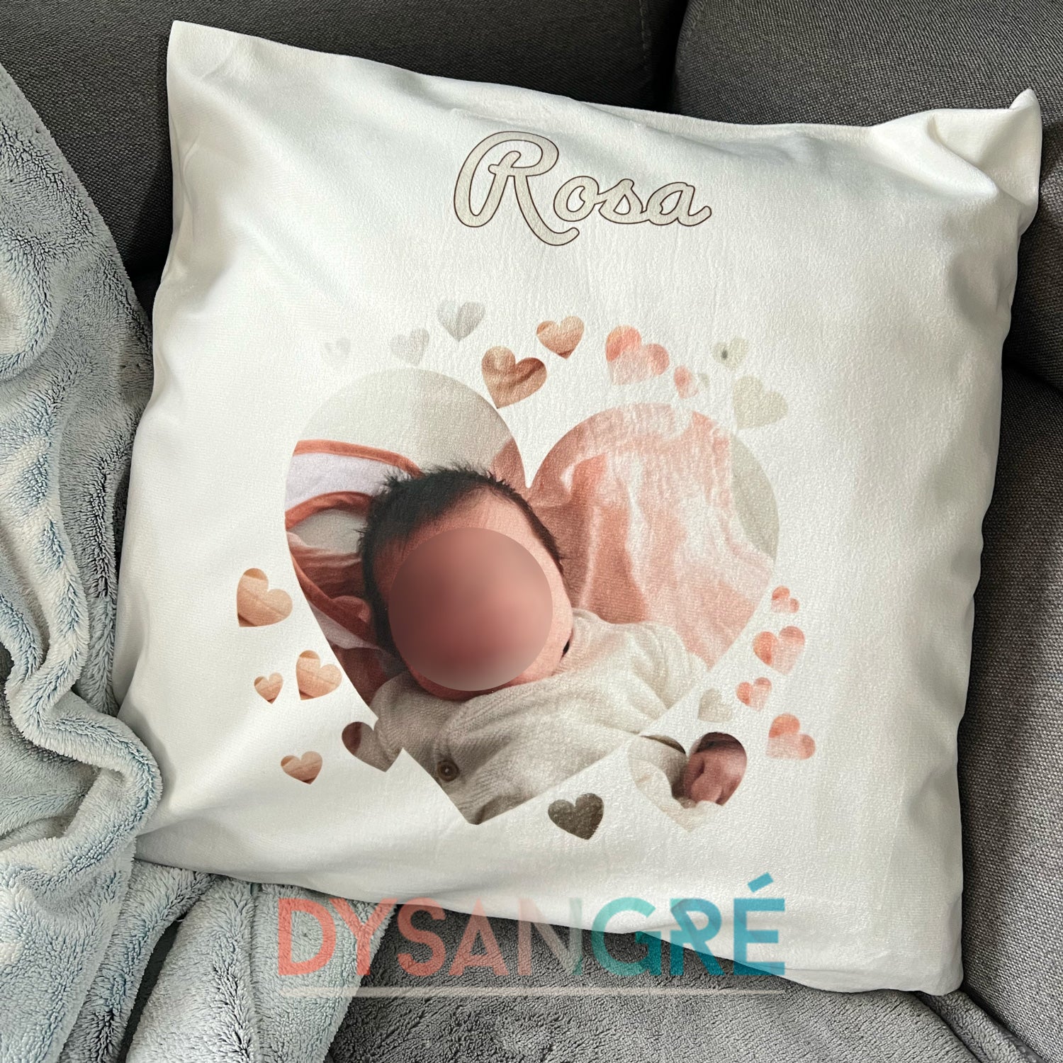 Housse de coussin personnalisée coeur avec votre photo et prénom