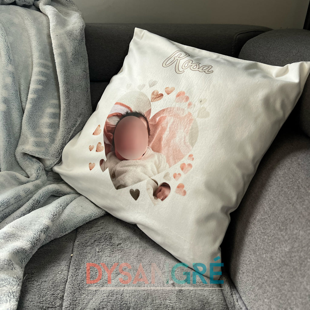 Housse de coussin personnalisée coeur avec votre photo et prénom