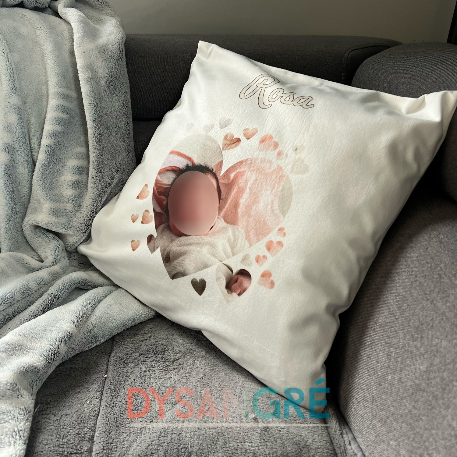 Housse de coussin personnalisée coeur avec votre photo et prénom
