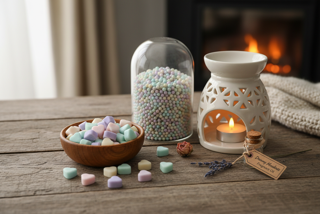 UNE IMAGE DE MINI FONDANT DE CIRE EN FORME DE COEUR ET DE BOULE DE 5MM AVEC DES DOUCES COULEURS; j'AIMERAIS UNE TABLE EN BOIS ET UN BRULEUR DIFFUSEUR DE PARFUM